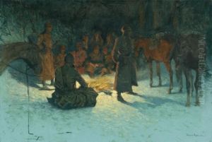 A Halt In The Wilderness [halt To Warm; Halt Of A Cavalry Patrol To Warm] by Frederic Remington