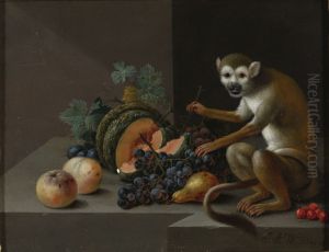 A monkey with grapes, peaches, a melon and other fruit on a stone ledge by Johann Amandus Winck