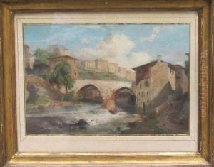 Village Avec Pont Enjambant Une Cascade by Jean-Charles Joseph Remond