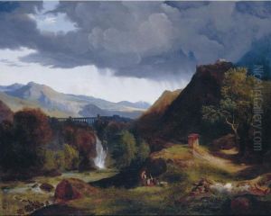 A View Of An Aqueduct And A 
Small Town, Possibly Cava In The Kingdom Of Naples, Peasants Resting In 
The Foreground