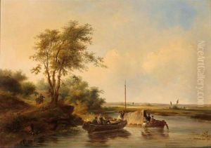 A River Landscape With Boats by Jean-Charles Joseph Remond