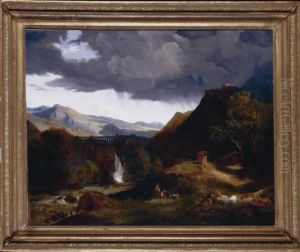 A View Of An Aqueduct And A
Small Town, Possibly Cava In The Kingdom Of Naples, Peasants Resting In
The Foreground by Jean-Charles Joseph Remond