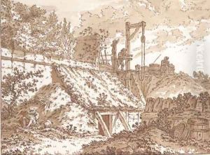 A hut built against a garden wall, figures drawing water at a well beyond A hut built against a garden wall, figures drawing water at a well beyond