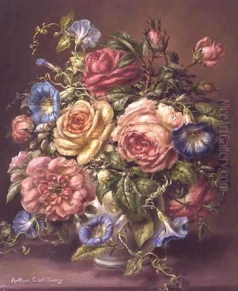 Roses and Columbines in a vase - view 1