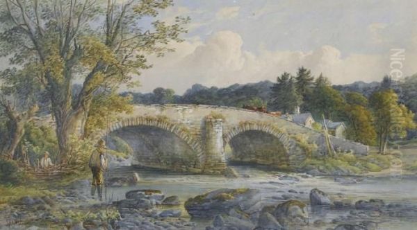 Flusslandschaft Mit Alter Bogenbrucke Und Fischern - view 1