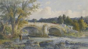 Flusslandschaft Mit Alter Bogenbrucke Und Fischern Flusslandschaft Mit Alter Bogenbrucke Und Fischern