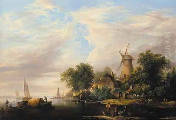 A river estuary with a windmill and cottages, boats in the foreground and cattle watering at the river edge - view 1