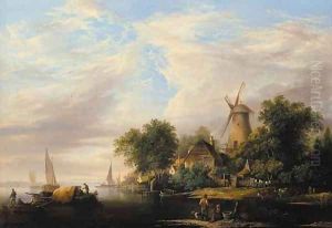 A river estuary with a windmill and cottages, boats in the foreground and cattle watering at the river edge