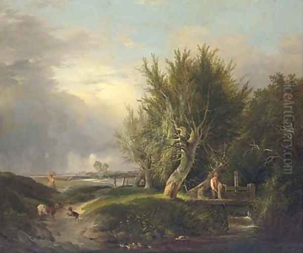 Boys fishing by a stream - view 1