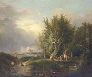 Boys fishing by a stream by Edward Williams
