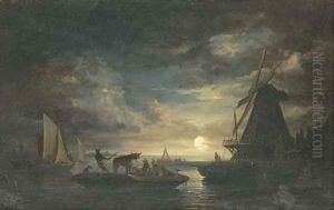Cattle on a barge in a moonlit landscape by Edward Williams