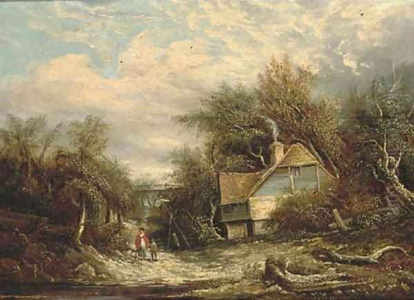 Figures by a cottage, in a woodland landscape - view 1