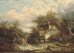 Figures by a cottage, in a woodland landscape by Edward Williams