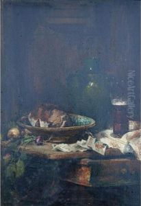 Still Life Of Bread, Vegetables, Cards, A Pipe And A Glass Of Beer On A Table by Theodule Augustine Ribot