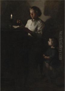 Reading By Candlelight by Theodule Augustine Ribot