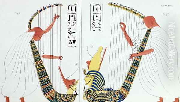 Interpretation of a fresco from the royal tomb in Thebes depicting harp players, from Manners and Customs of the Ancient Egyptians, 1837 - view 1