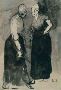 Deux Servantes En Conversation by Theodule Augustine Ribot