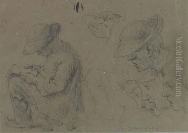 A Man Wearing A Hat, Reading A Book And Head Studies - view 1