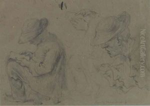 A Man Wearing A Hat, Reading A Book And Head Studies