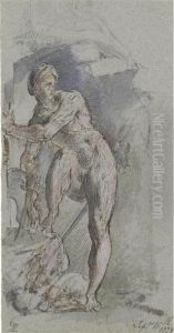 A Male Nude Figure In A Rocky Landscape by George Richmond