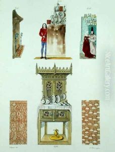 Fifteenth century furniture, from Monuments Francais, lithograph by Amedee Peree, 1839