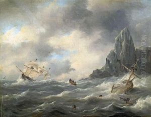 Segelschiffe In Sturmischer See Vor Felsenkuste by Nicolaas Riegen