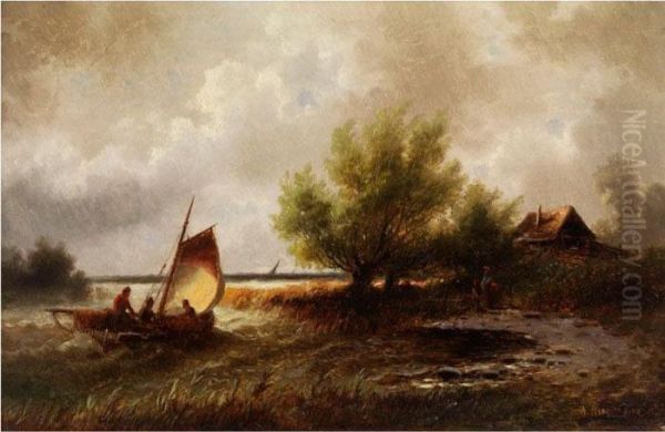 Uferlandschaft Mit Segelboot Und Einem Haus Im Hintergrund - view 1