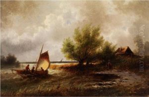 Uferlandschaft Mit Segelboot Und Einem Haus Im Hintergrund by Albert Rieger