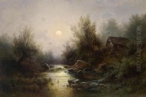 "river Landscape - Moonlit Night Near Brixen by Albert Rieger