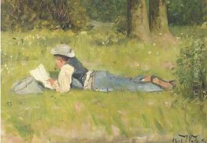 Im Grutnewald reading in the grass by Carl Welz