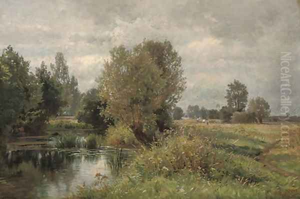 Harvesters by a lake - view 1