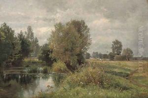 Harvesters by a lake by Paul Weber