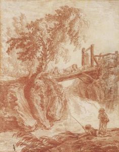 Figures And Cattle Crossing A Bridge, Anglers In The Foreground by Hubert Robert