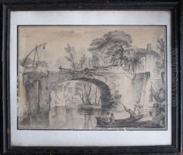 Paysage D'italie Au Pont Et Personnages - view 1