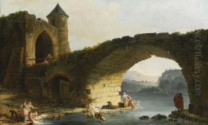 A Capriccio River Landscape With Washerwomen Near A Ruined Bridge A Capriccio River Landscape With Washerwomen Near A Ruined Bridge