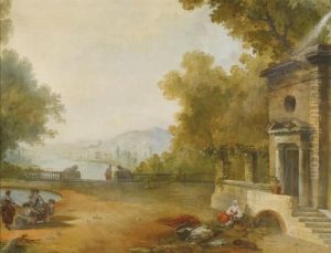Figures On A Terrace Overlooking A Large Lake