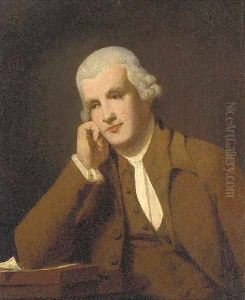 Portrait of Jedidiah Strutt (1726-1797), half-length, in a brown coat and waistcoat, resting his elbow on a manuscript by Joseph Wright