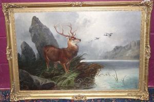 Stag And Mallards Beside A Loch