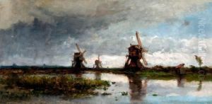 Drie Molens In Weids Polderlandschap by Willem Roelofs