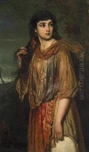 Circle Gypsy Girl With Tambourine by Anton Romako
