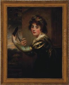 Portrait Of A Young Lady, Wearing A Flower Garland And Holding A Mask by George Romney