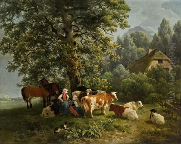 Ponies Und Kuhe Mit Zwei Bauerinnen - view 1