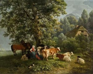 Ponies Und Kuhe Mit Zwei Bauerinnen