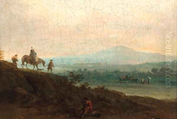 A peasant resting in a landscape with travellers on a track beyond - view 1