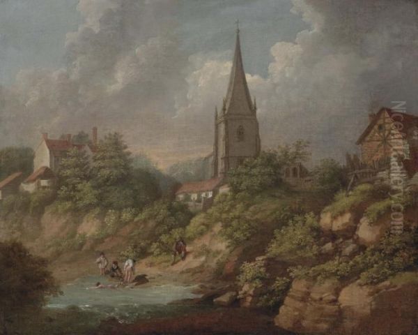 A View Of Monmouth With The Church Of St Mary's, Bathers In The Foreground - view 1