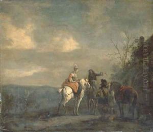 Elegant company on horseback at halt outside a cottage, a landscape beyond by Philips Wouwerman