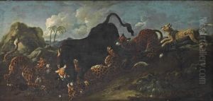 Leopards Attacking A Bull In A Landscape by Johan Heinrich Roos