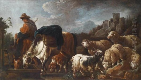 A Shepherd And His Flock At A Watering Place - view 1