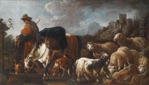 A Shepherd And His Flock At A Watering Place by Philipp Peter Roos