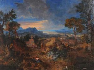 Paesaggio Arcadico Con Figure Alla Fonte Sullo Sfondo Di Roma by Salvator Rosa